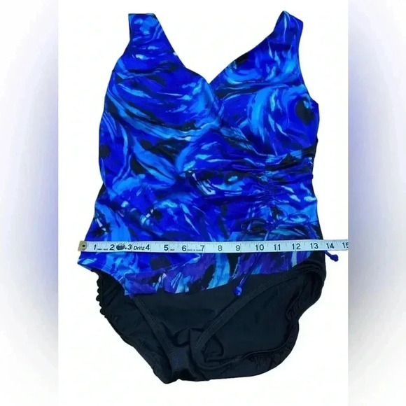 NWOT, Longitude, Ruffle Surplice Long  Torso One Piece Swimsuit, 8, Blue - Picture 4 of 12